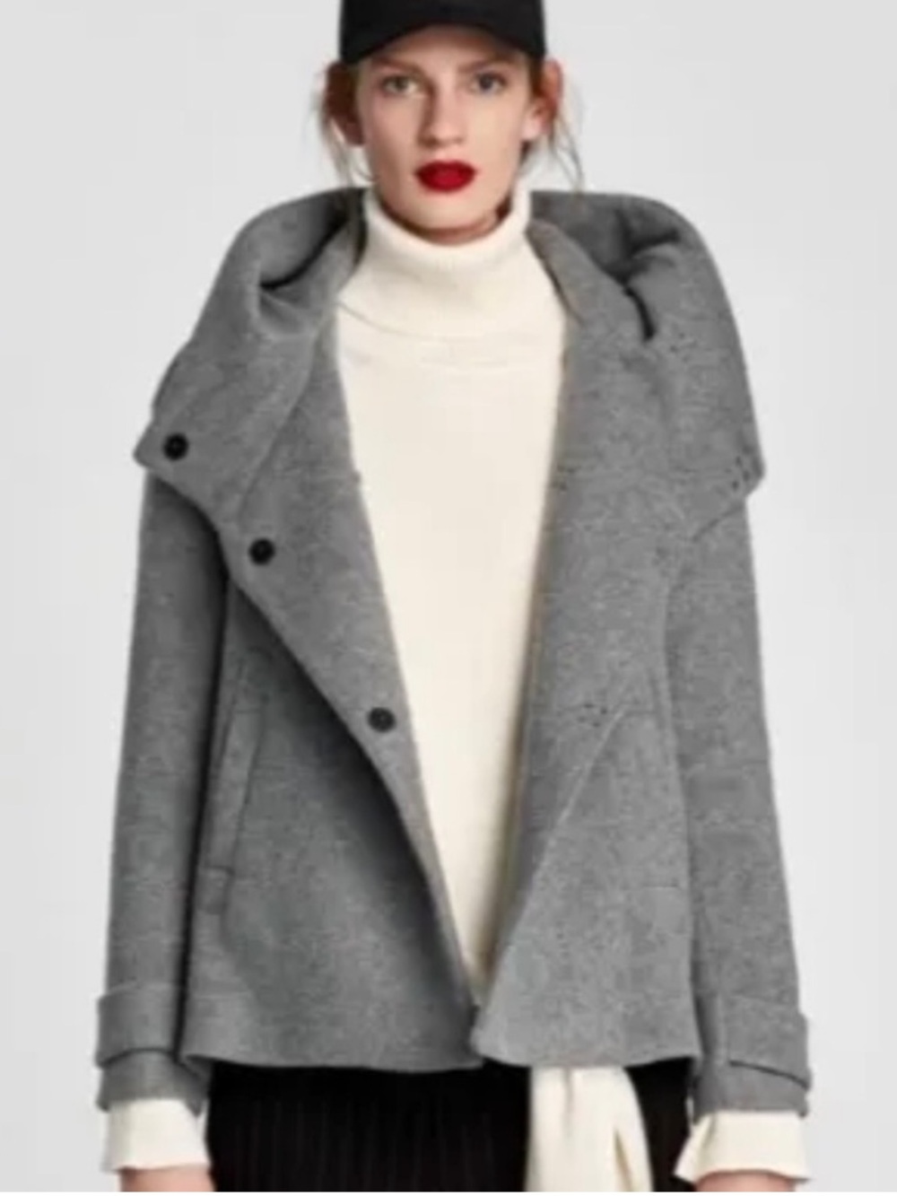 Zara Hooded Gray Oversized Collar Short Coat XS Asymmetrical Button Swing Jacket